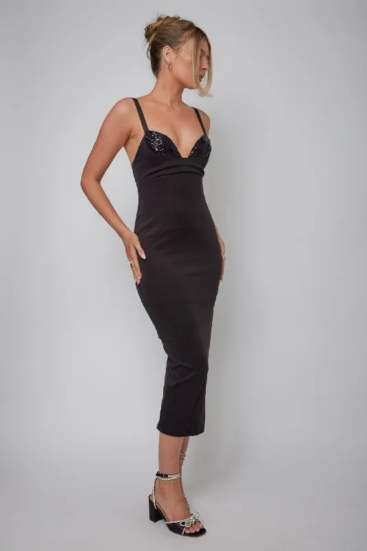 Midi dresses with ruffled sleeves for a more feminine and voluminous look La Bellevilloise Sequin Bust Midi Dress Black Midi dresses with ruffled sleeves for a more feminine and voluminous look La Bellevilloise Sequin Bust Midi Dress Black