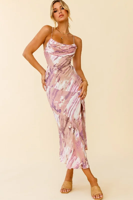 Midi dresses with metallic threads for a glamorous evening event Well Versed Pleated Bust Front Split Dress Purple Multi