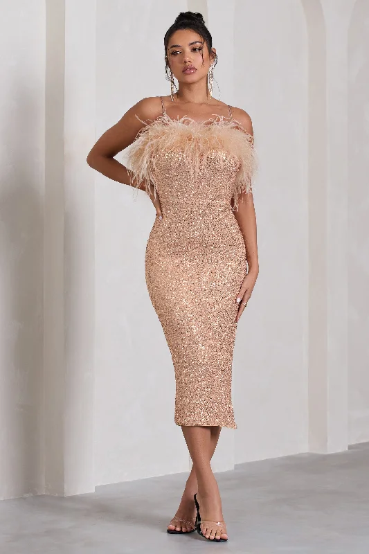 Midi dresses with polka dot prints for a playful summer outfit In Your Head | Rose Gold Sequin Strappy Midi Dress With Feathers Midi dresses with polka dot prints for a playful summer outfit In Your Head | Rose Gold Sequin Strappy Midi Dress With Feathers