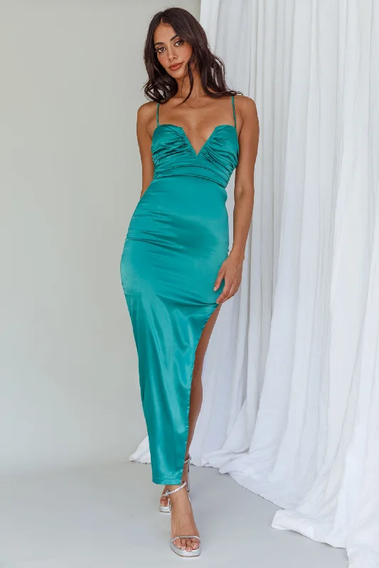 Sheath midi dresses with beaded embellishments for a formal occasion Dancing In September Thigh Split Dress Green Sheath midi dresses with beaded embellishments for a formal occasion Dancing In September Thigh Split Dress Green