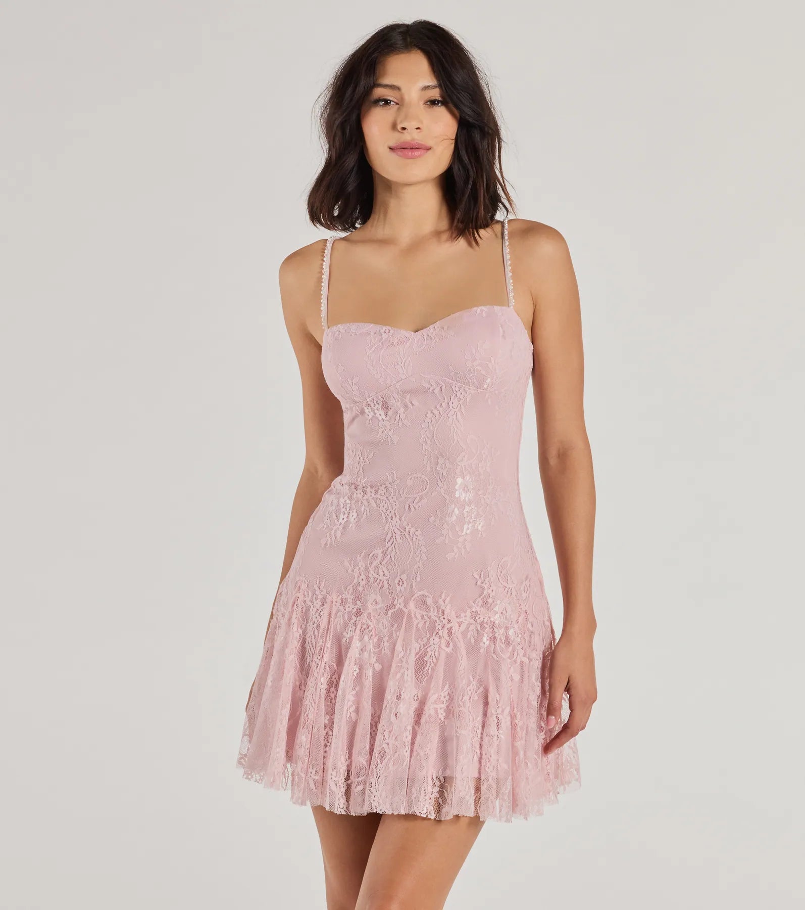 Cotton mini dresses for a comfortable everyday option Sweet Glamour Beaded Strap Lace Mini Dress