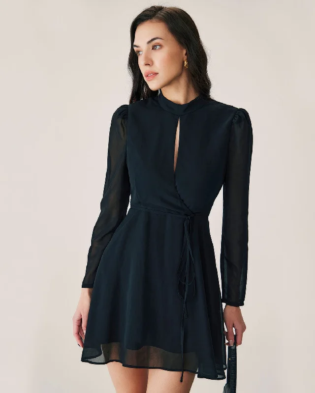 Mini dresses with halter necks for a stylish choice Black Chiffon Wrap Mini Dress