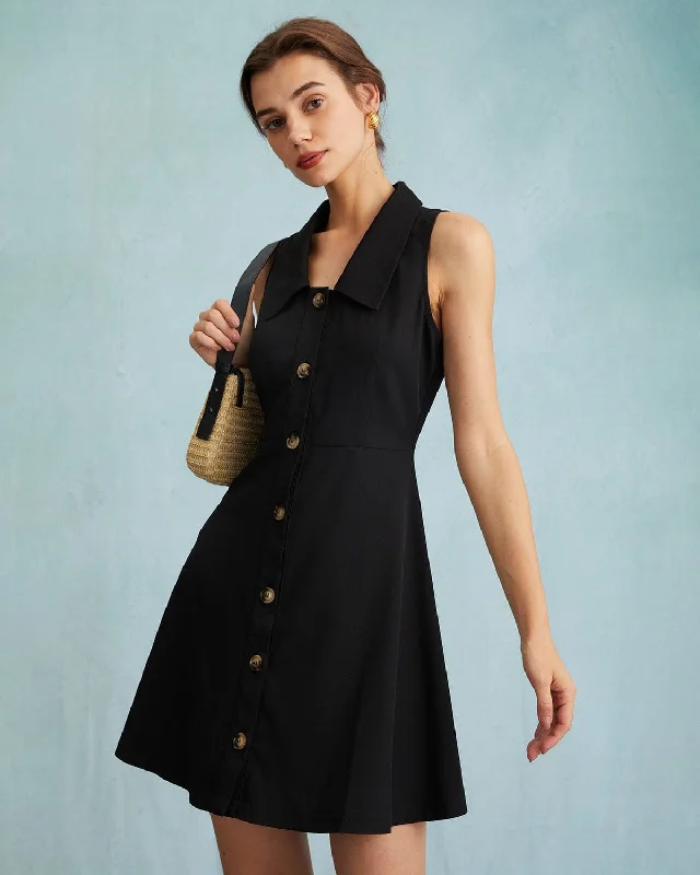 Mini dresses with ribbed textures for a unique appearance The Black Collared Sleeveless A Line Shirt Mini Dress