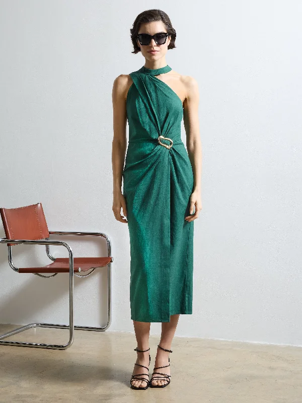 Midi dresses with ribbed textures for a unique and tactile appearance Aspen Linen Blend Halterneck Midi Dress Midi dresses with ribbed textures for a unique and tactile appearance Aspen Linen Blend Halterneck Midi Dress