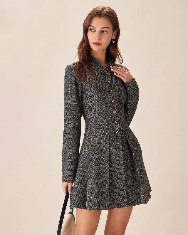 Mini dresses with cut - out details for a trendy look Grey Button Pleated Mini Dress