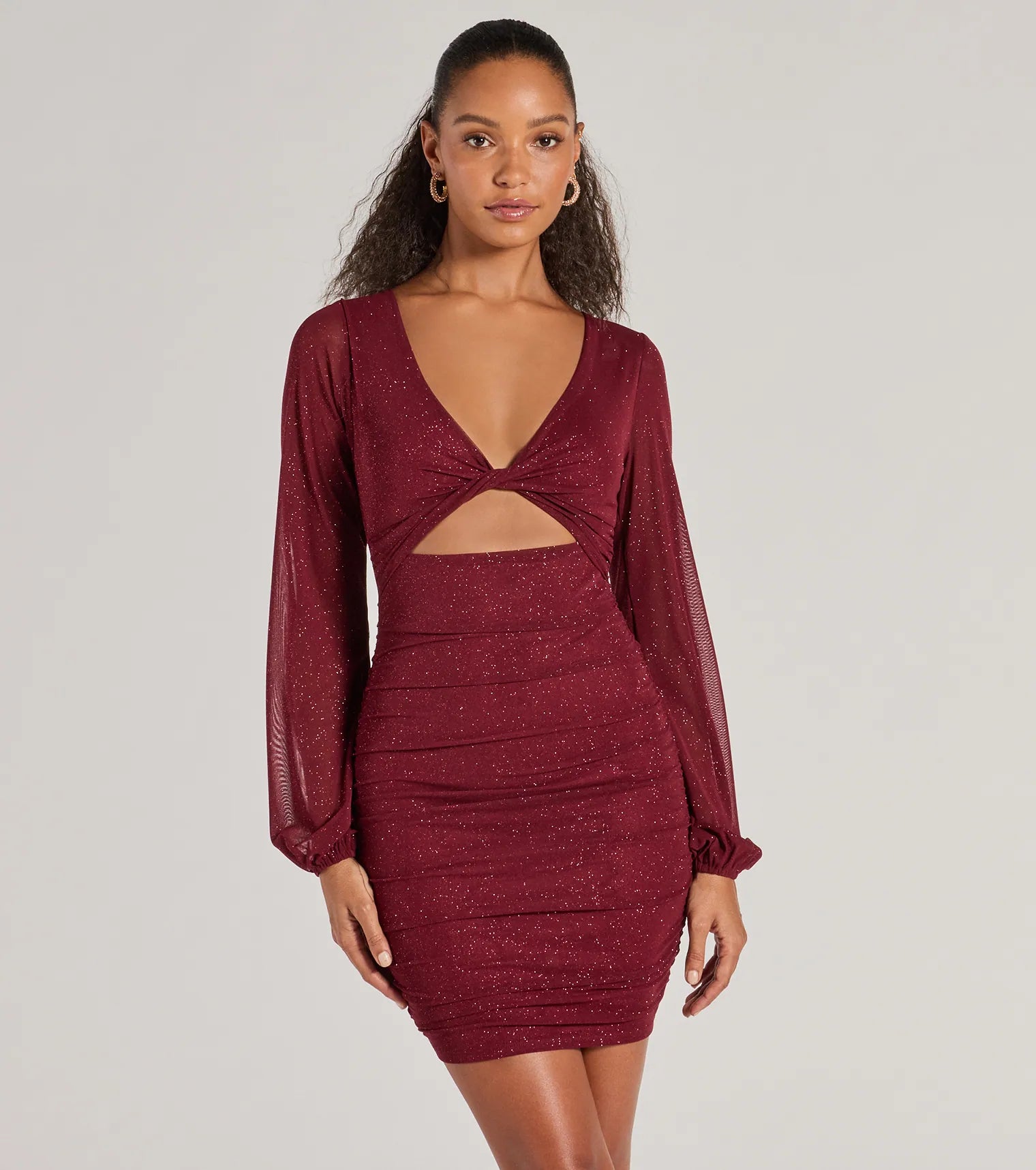 Mini dresses with button - down fronts Glam Energy Glitter Mesh Cutout Mini Dress
