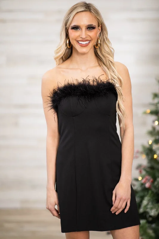 Midi dresses with ruffled hems for a romantic date night Black Strapless Feather Trim Dress
