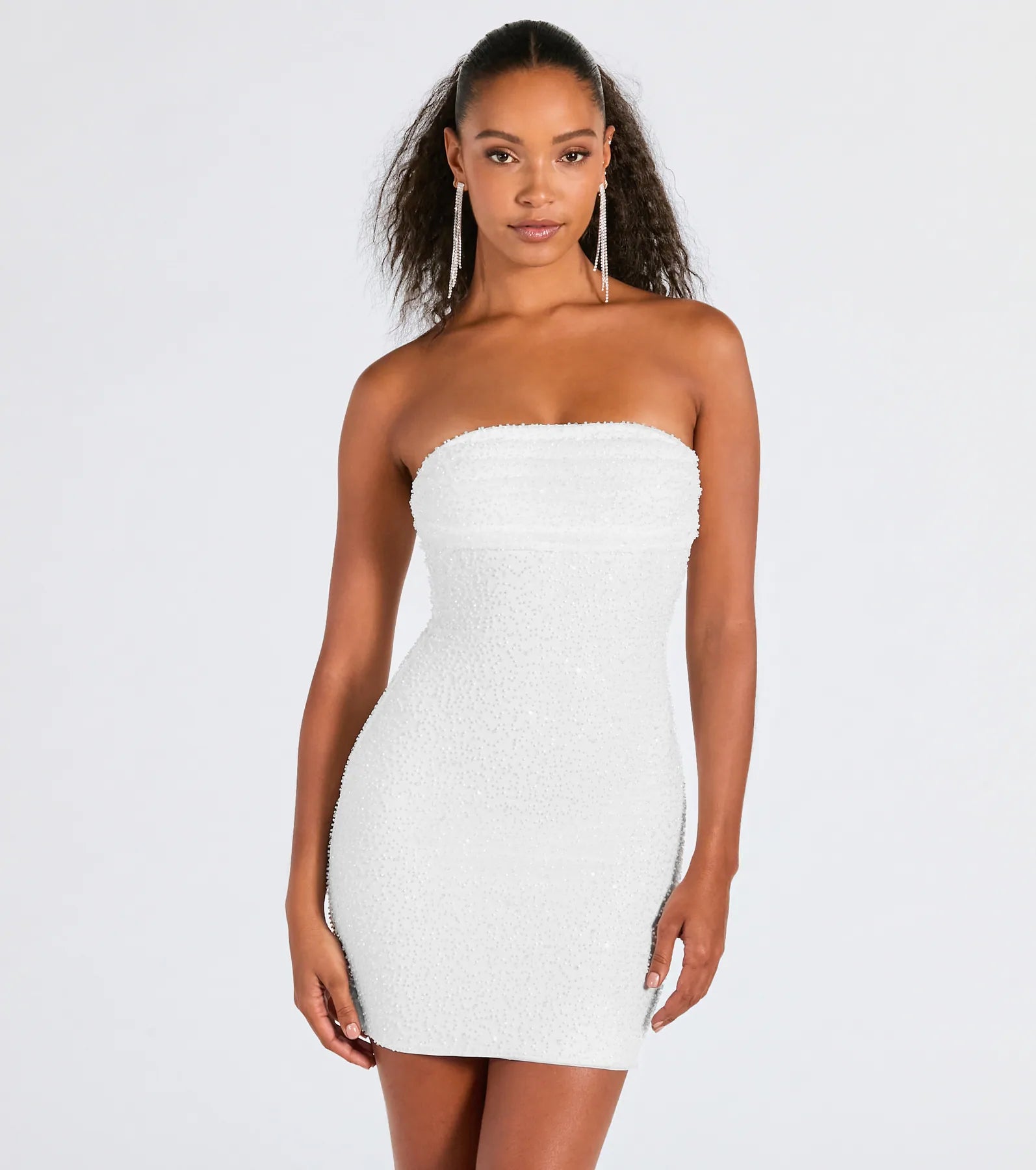 Polyester mini dresses for easy care Lena Strapless Bodycon Beaded Mesh Mini Dress