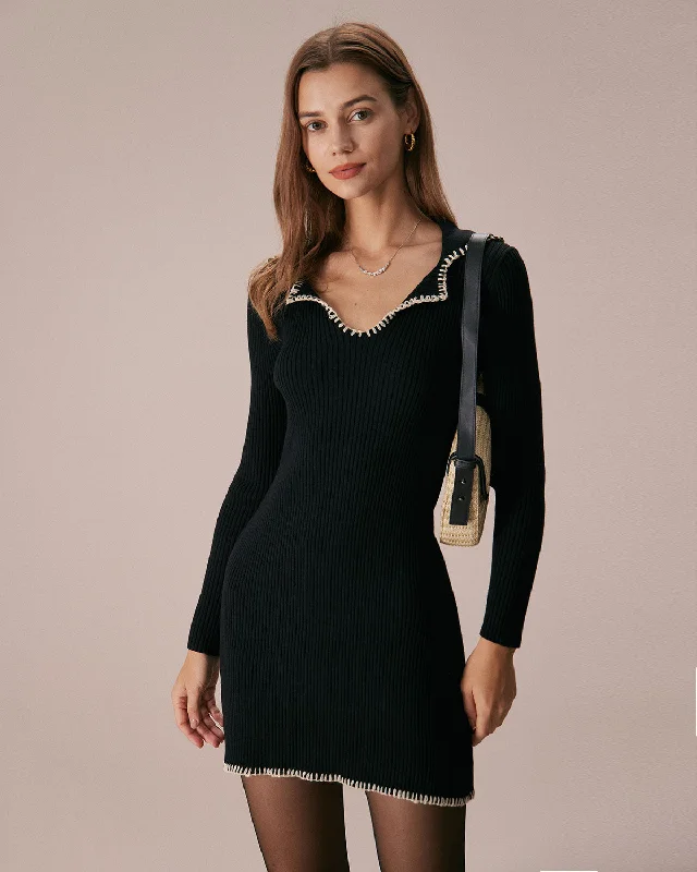 Mini dresses with pom - pom trims for a playful feel The Black Contrast Stitch Sweater Mini Dress