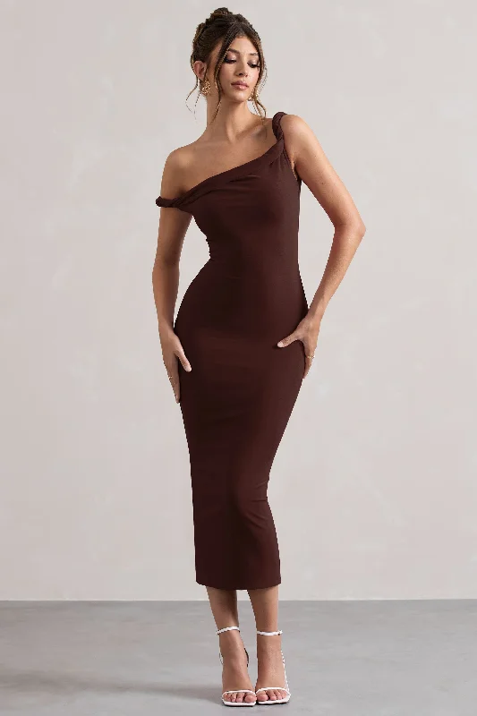 Midi dresses with keyhole backs for a flirty and unexpected detail Salome | Chocolate Brown Twisted Asymmetric Midi Dress