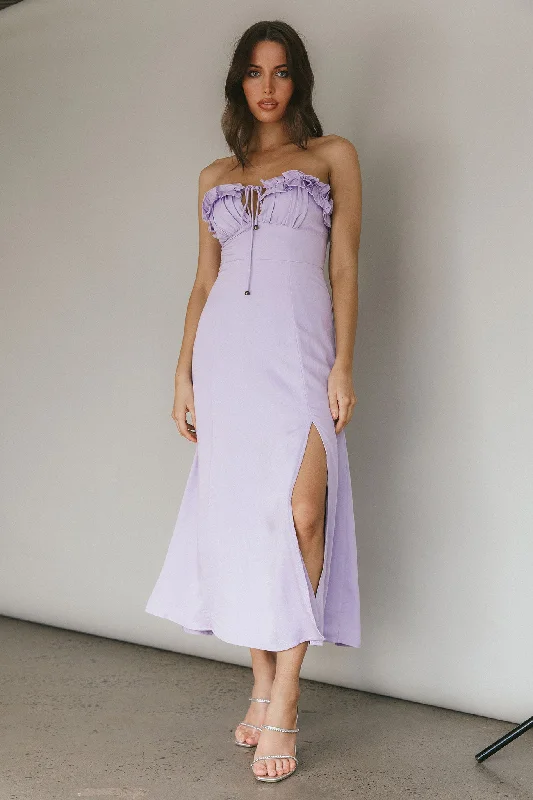 Midi dresses with ruffled sleeves for a more feminine and voluminous look Under The Sun Tied Bust Midi Dress Lilac Midi dresses with ruffled sleeves for a more feminine and voluminous look Under The Sun Tied Bust Midi Dress Lilac