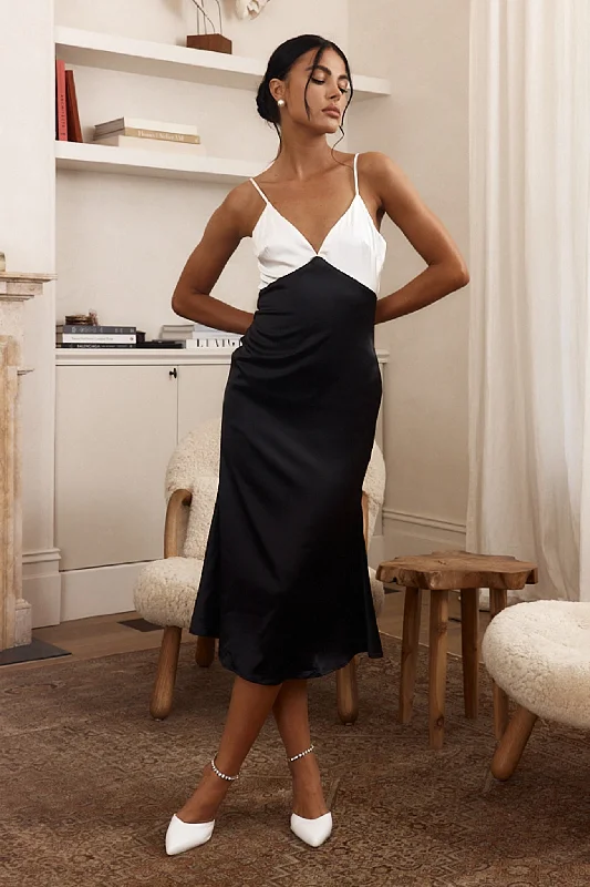 Midi dresses with belted waists to accentuate the figure Glimmer Of Hope Cami Strap Midi Dress Black/White Midi dresses with belted waists to accentuate the figure Glimmer Of Hope Cami Strap Midi Dress Black/White