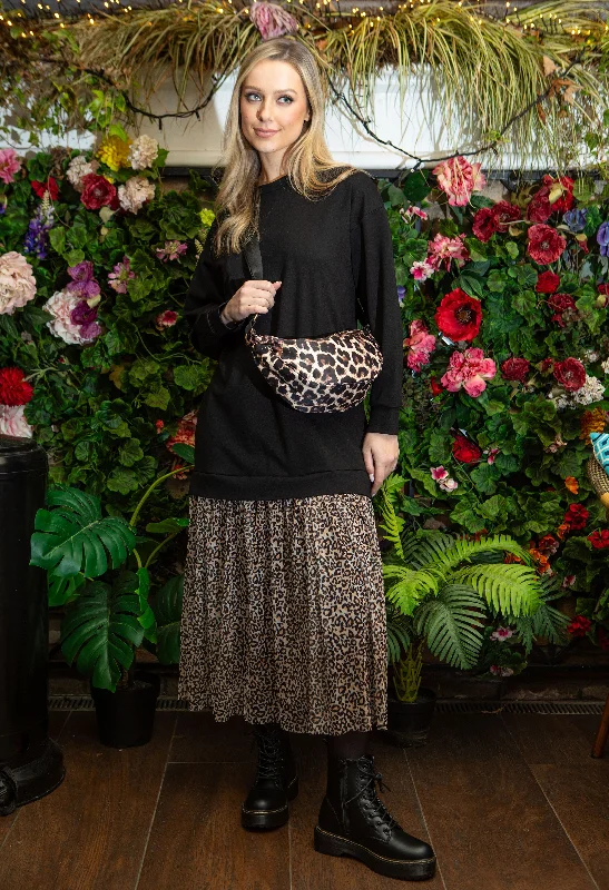 Midi dresses with bow accents for a sweet and charming look Sweater Dress with Mesh Leo Print Skirt