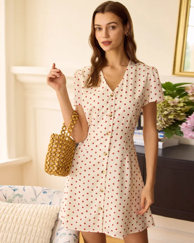 Mini dresses with side slits for a sexy appeal The Beige Polka Dot Button Mini Dress Mini dresses with side slits for a sexy appeal The Beige Polka Dot Button Mini Dress