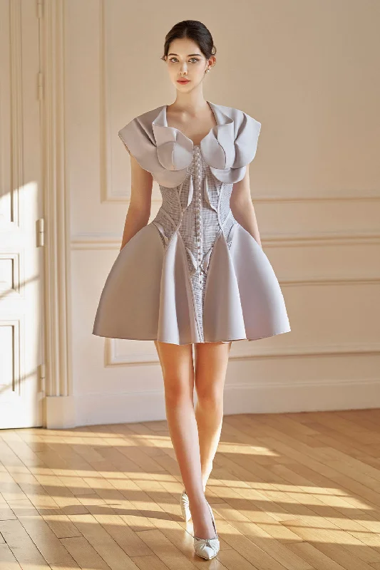 Mini dresses with spaghetti straps for a delicate look Maisie Fit and Flare Button Mesh Taffeta Mini Dress