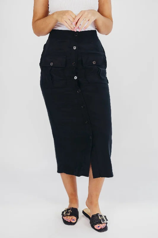 Wrap - style midi dresses in silk for a sophisticated office look Better Days Button-Down Midi Cargo Skirt in Black