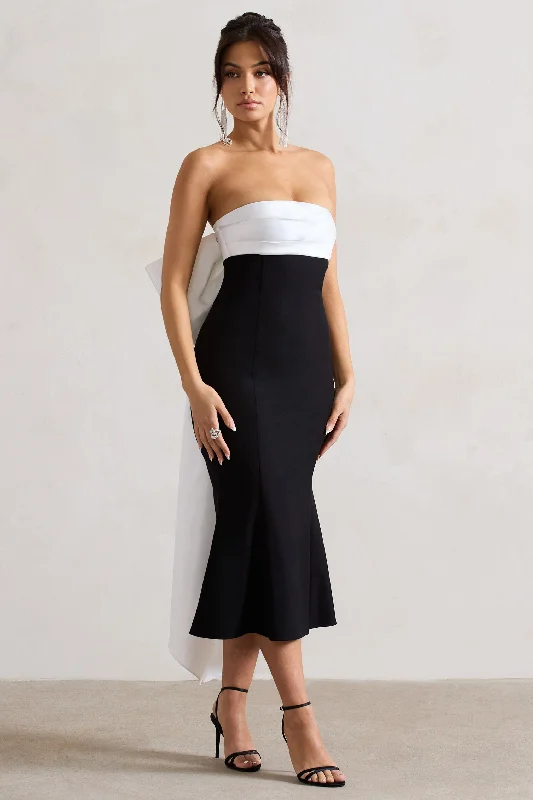 Plaid midi dresses for a fall - themed family gathering Wishlist | Black Bandeau Midi Dress With Oversized White Bow