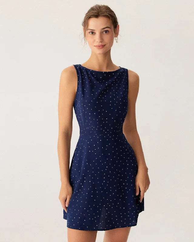 Leather mini dresses for a edgy style Blue Polka Dot Sleeveless Cut Out Mini Dress