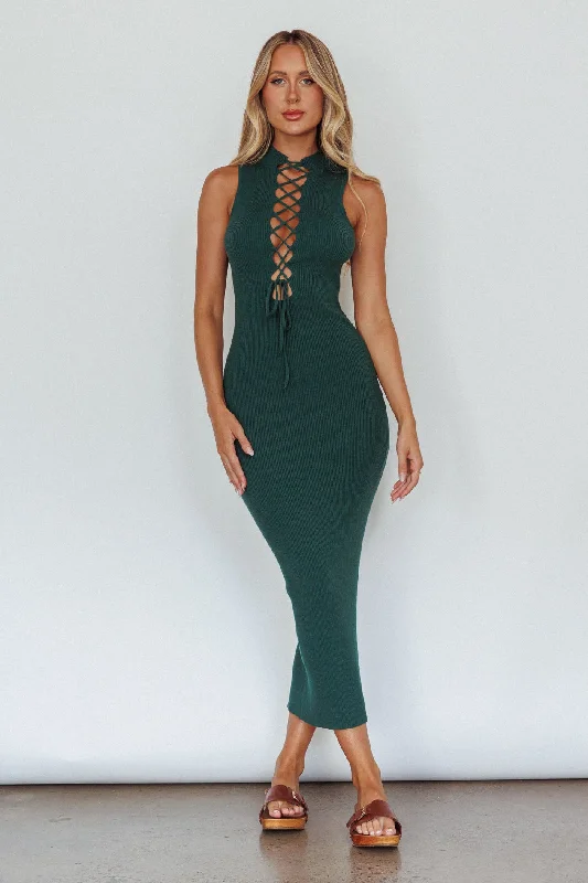 Midi dresses with denim fabric for a casual yet stylish day out Brand New Day Lace-Up Bust Knit Midi Dress Emerald