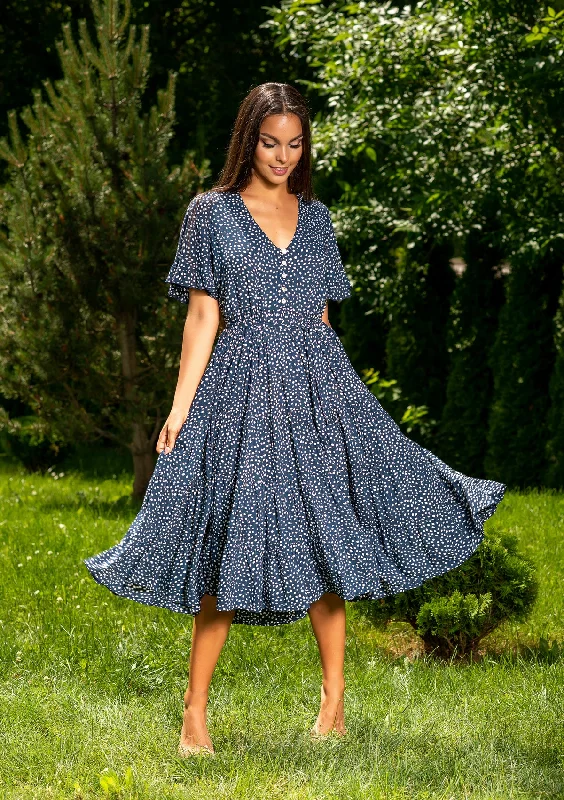 A - line midi dresses with floral prints for spring brunches Polka Blue Midi Dress