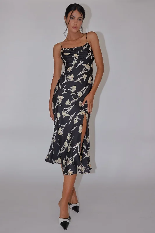Midi dresses with geometric cutouts for a contemporary and edgy look Well Versed Pleated Bust Front Split Dress Orchid Black Midi dresses with geometric cutouts for a contemporary and edgy look Well Versed Pleated Bust Front Split Dress Orchid Black