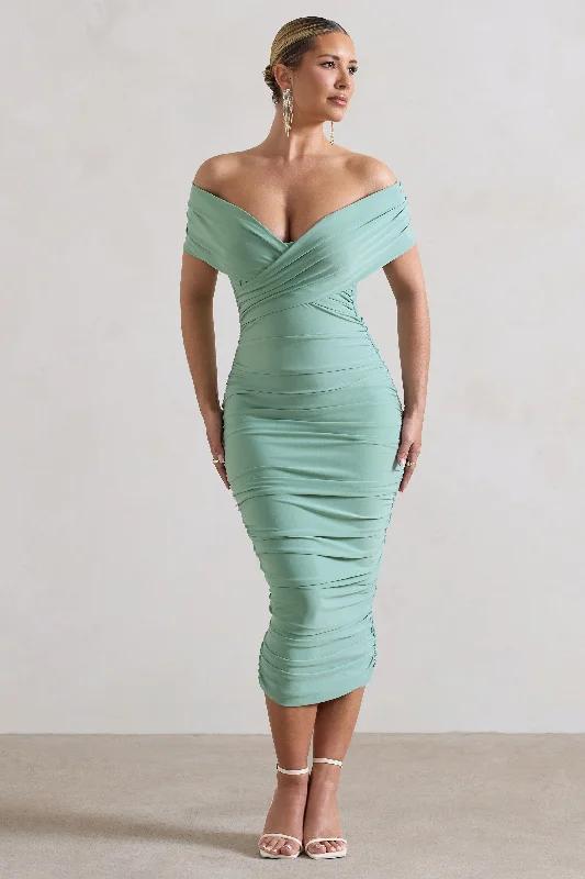 Midi dresses with cotton - blend materials for everyday comfort Unwrapped | Sage Ruched Twist Bardot Midi Dress
