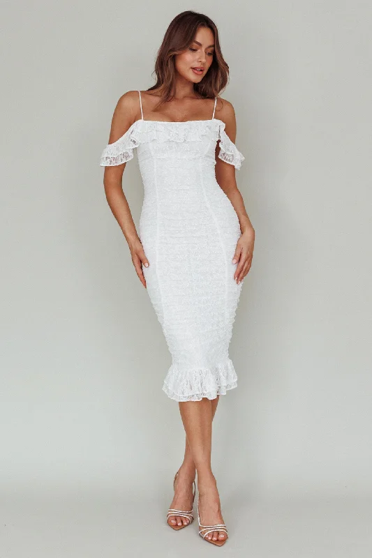 Midi dresses with ruched bodices for a feminine and fitted feel Wish Come True Lace Midi Dress White Midi dresses with ruched bodices for a feminine and fitted feel Wish Come True Lace Midi Dress White