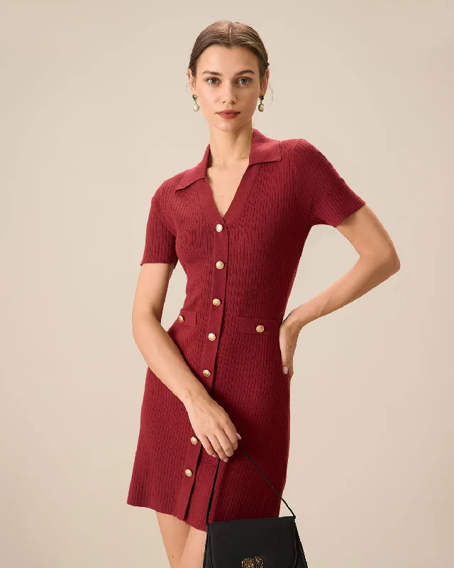 Mini dresses with asymmetric hems for a fashion - forward look Women's Red V-Neck Bodycon Sweater Dress Mini dresses with asymmetric hems for a fashion - forward look Women's Red V-Neck Bodycon Sweater Dress