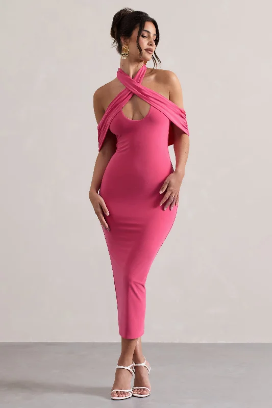 Midi dresses with mesh inserts for a trendy and breathable option Connect | Pink Bodycon Halter-Neck Midi Dress With Cut-Out