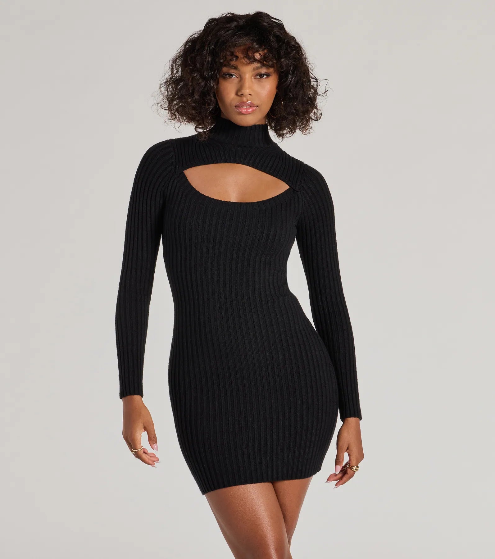 Mini dresses with one - shoulder designs Chic Season Mock Neck Cutout Ribbed Knit Mini Dress