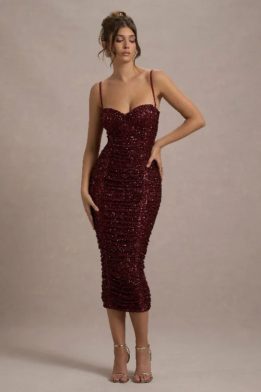 Midi dresses with tiered skirts for a bohemian festival look New Energy | Plum Sequin Strappy Ruched Bodycon Midi Dress Midi dresses with tiered skirts for a bohemian festival look New Energy | Plum Sequin Strappy Ruched Bodycon Midi Dress