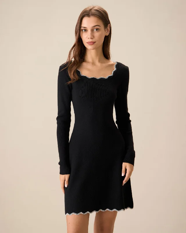 Polyester mini dresses for easy care Women's Black Contrasting Knit Mini Dress