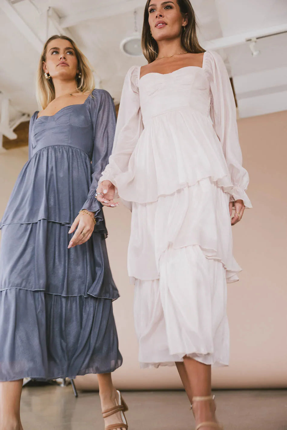 Midi dresses with ruffled bodices for a more pronounced feminine look Manning Shimmery Midi Dress in Champagne Midi dresses with ruffled bodices for a more pronounced feminine look Manning Shimmery Midi Dress in Champagne