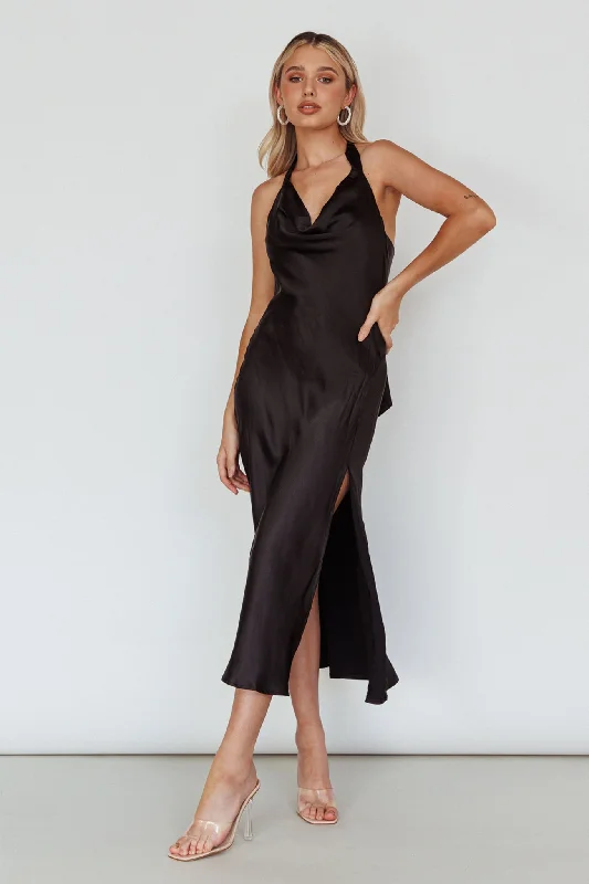 Midi dresses with fringe details for a fun and energetic style Champagne Showers Halterneck Slip Midi Dress Black