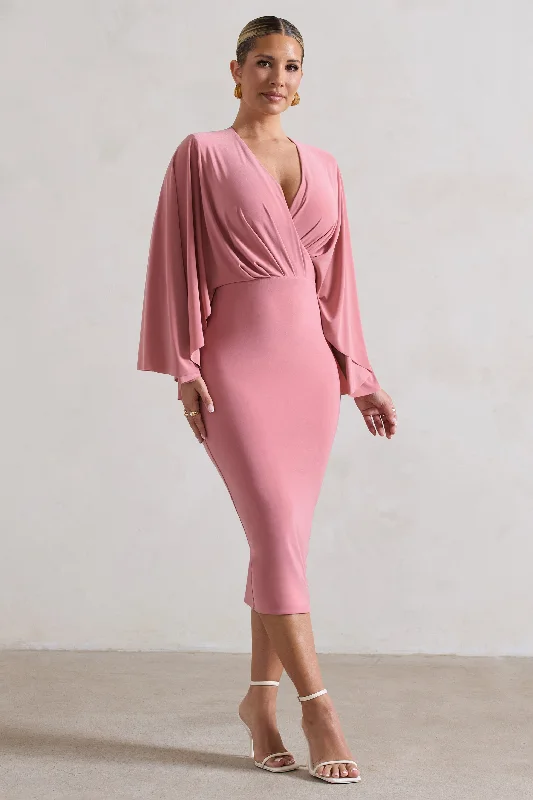 Velvet midi dresses in jewel tones for a glamorous winter event Mishka | Blush Pink Plunge-Neck Cape Midi Dress