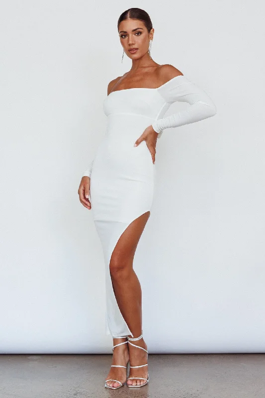 Midi dresses with pom - pom trims for a playful and festive look Sentimental Mood Off-Shoulder Midi Dress White