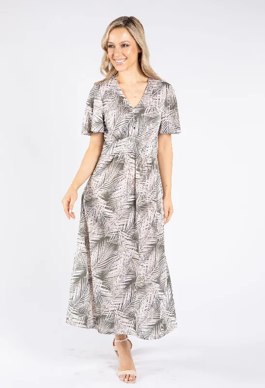 Midi dresses with ruffled bodices for a more pronounced feminine look Palm Print V Neck Midi Dress
