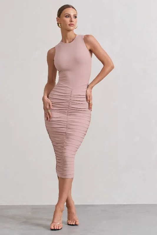 Midi dresses with satin - finish fabrics for a luxurious feel Antonia | Champagne Sleeveless Ruched Bodycon Midi Dress