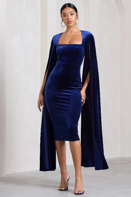 Maxi - inspired midi dresses with flowing fabrics for a beachy vibe Flawless | Navy Velvet Square Neck Midi Dress With Cape Sleeves Maxi - inspired midi dresses with flowing fabrics for a beachy vibe Flawless | Navy Velvet Square Neck Midi Dress With Cape Sleeves