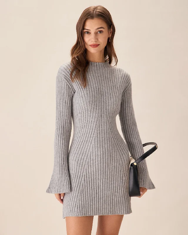 Mini dresses with off - the - shoulder styles Grey Crew Neck Bell Sleeve Sweater Dress Mini dresses with off - the - shoulder styles Grey Crew Neck Bell Sleeve Sweater Dress