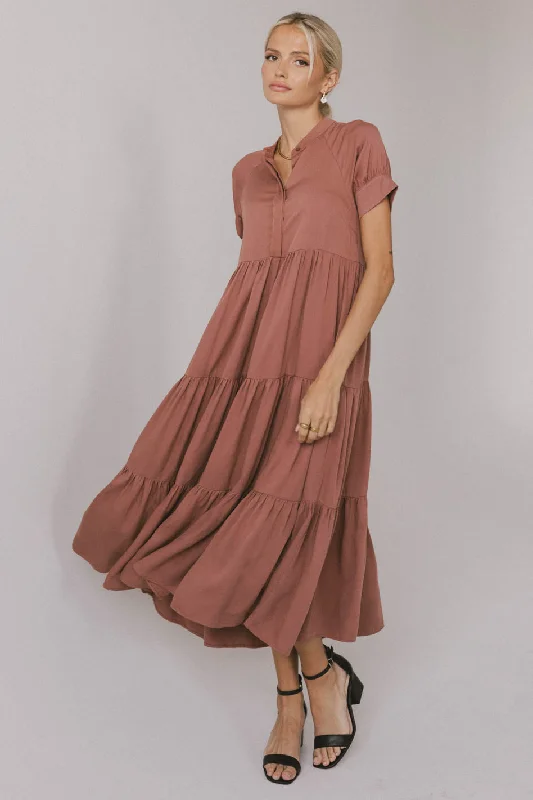 Midi dresses with metallic threads for a glamorous evening event Amanda Tiered Dress in Raisin