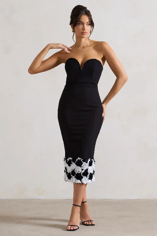 Midi dresses with ruffled bodices for a more pronounced feminine look Ramona | Black Bodycon Sweetheart Midi Dress With Floral Trim