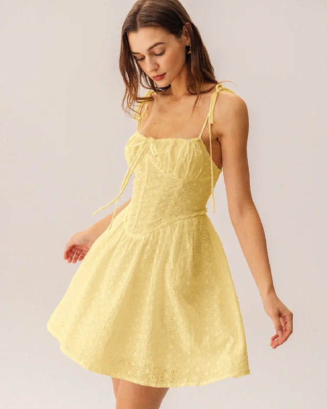 Mini dresses with cut - out details for a trendy look Yellow Ruched Corset Slip Mini Dress Mini dresses with cut - out details for a trendy look Yellow Ruched Corset Slip Mini Dress