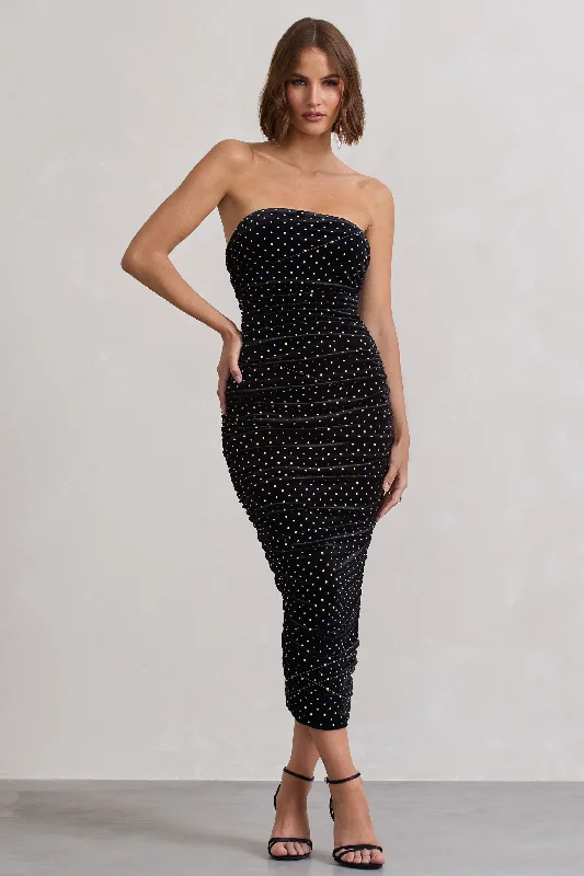 Maxi - inspired midi dresses with flowing fabrics for a beachy vibe In A Daze | Black Bodycon Embellished Strapless Midi Dress Maxi - inspired midi dresses with flowing fabrics for a beachy vibe In A Daze | Black Bodycon Embellished Strapless Midi Dress