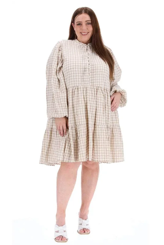 Mini dresses with high - low hems for a modern twist Kenny Dress Beige Gingham