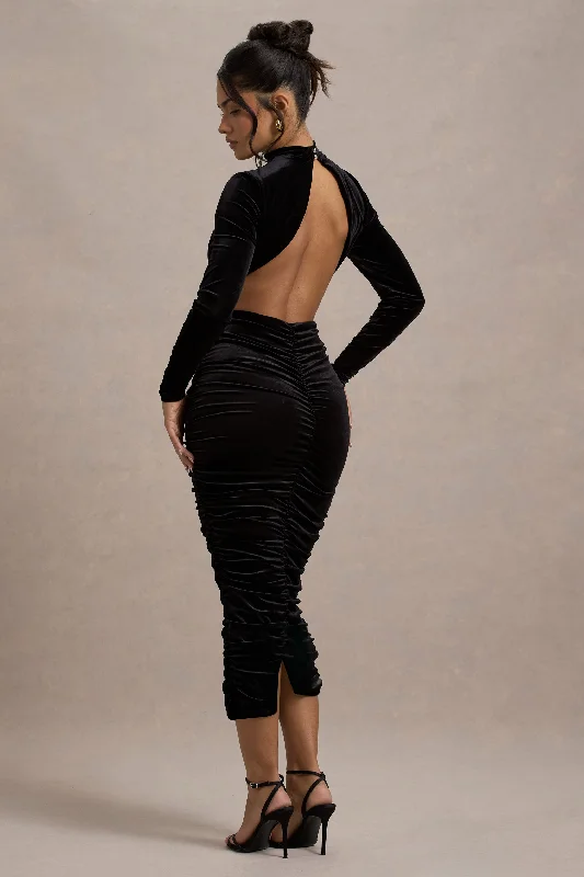 Midi dresses with pom - pom trims for a playful and festive look Joanna | Black Velvet High-Neck Backless Midi Dress