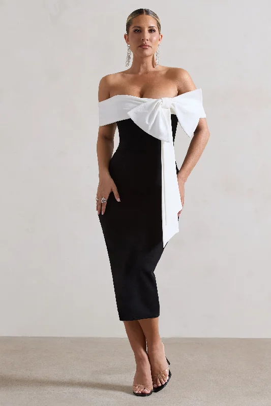 Midi dresses with puff sleeves for a vintage - inspired look You Wish | Black Bodycon Bandeau Midi Dress With Oversized White Bow