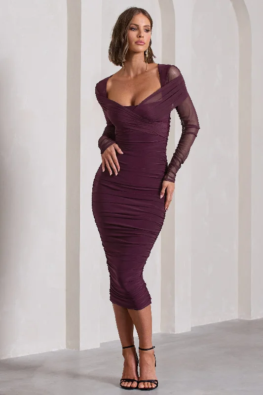 Midi dresses with patchwork patterns for a one - of - a - kind style Between The Lines | Plum Ruched Mesh Long-Sleeved Bodycon Midi Dress Midi dresses with patchwork patterns for a one - of - a - kind style Between The Lines | Plum Ruched Mesh Long-Sleeved Bodycon Midi Dress
