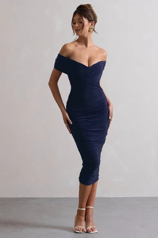 Midi dresses with gathered skirts for a full and flowing silhouette Unwrapped | Navy Ruched Twist Bardot Midi Dress