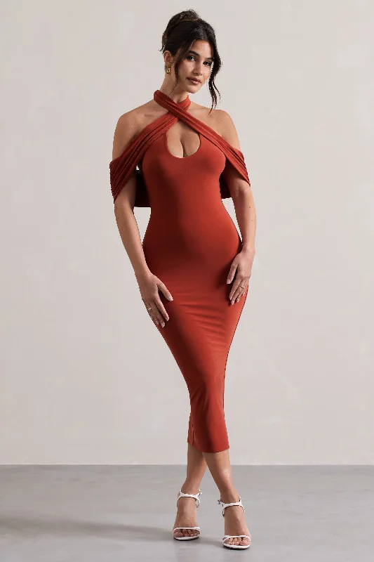 High - low midi dresses with geometric patterns for a modern party Connect | Terracotta Bodycon Halter-Neck Midi Dress With Cut-Out